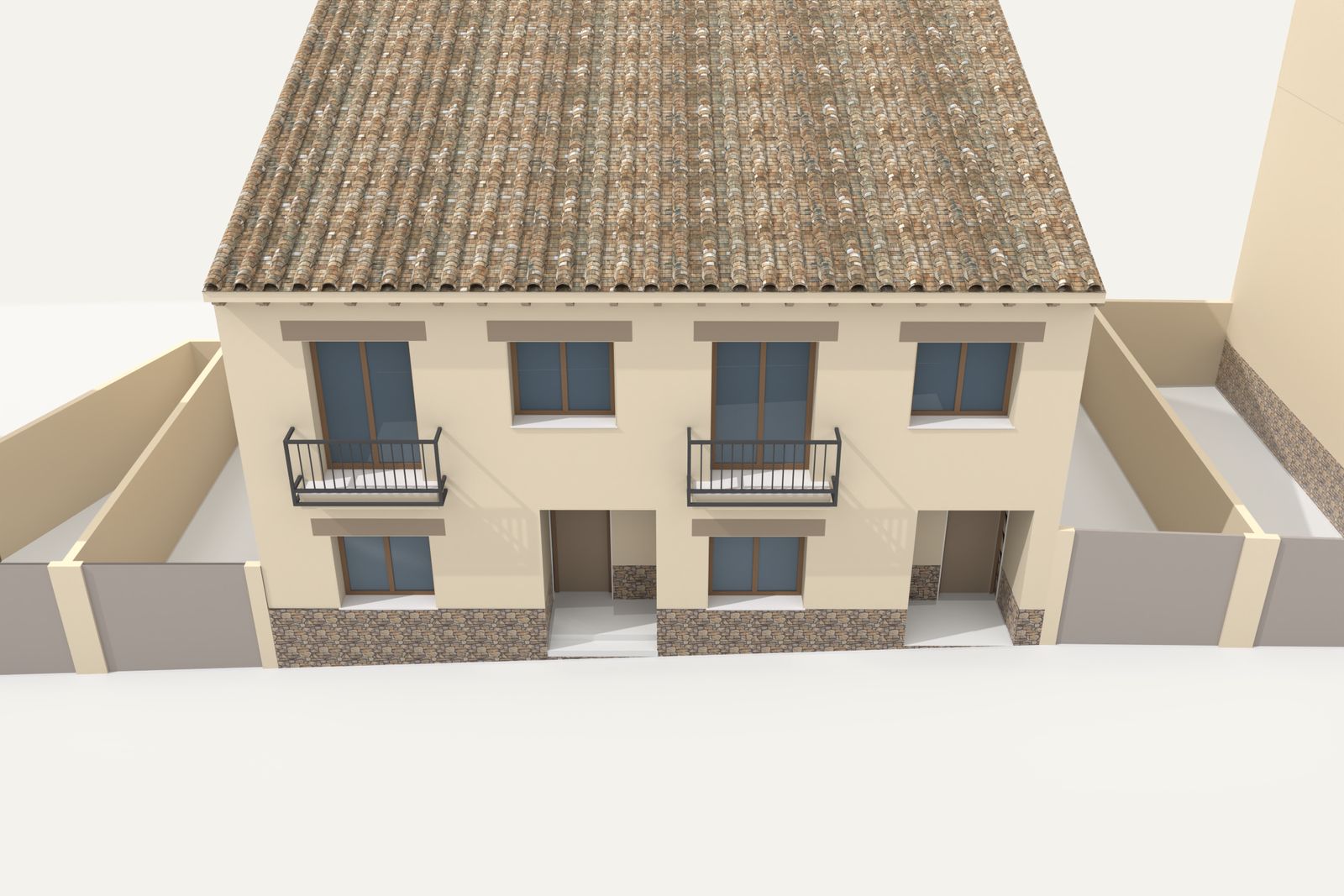 Las cuatro viviendas de El Rincón del Puente vistas desde la Calle Puente. Imagen virtual generada a partir del modelo del proyecto, no contractual.