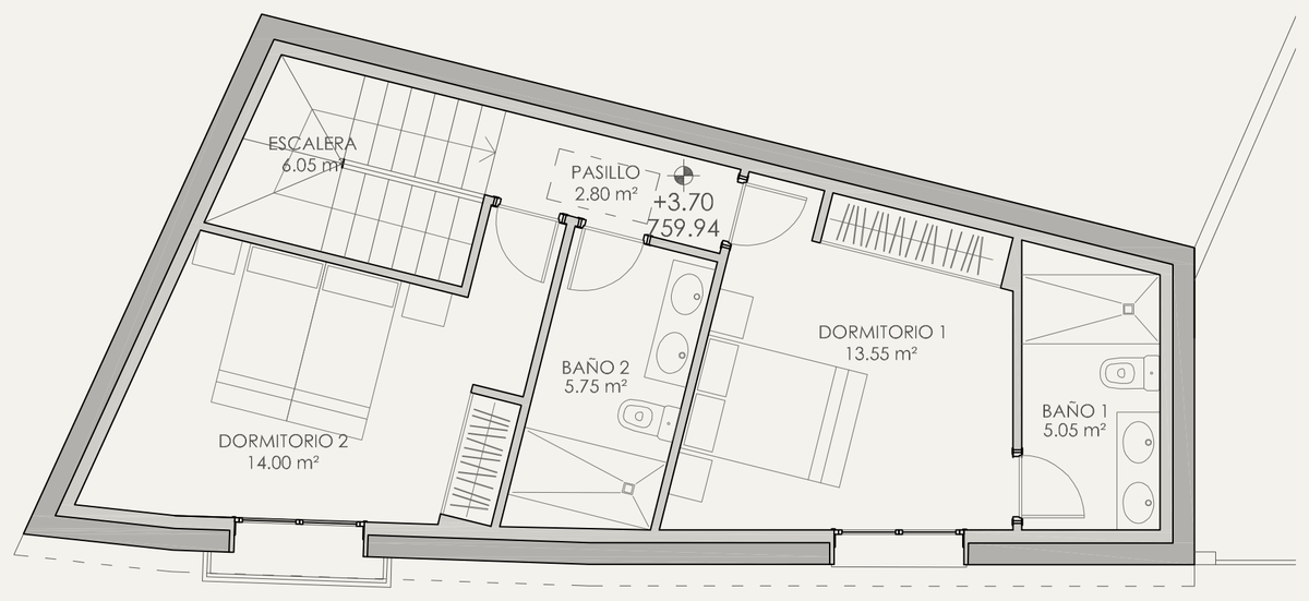 Plano de la planta primera: dos dormitorios, dos baños, pasillo y escalera. Proyecto Básico.